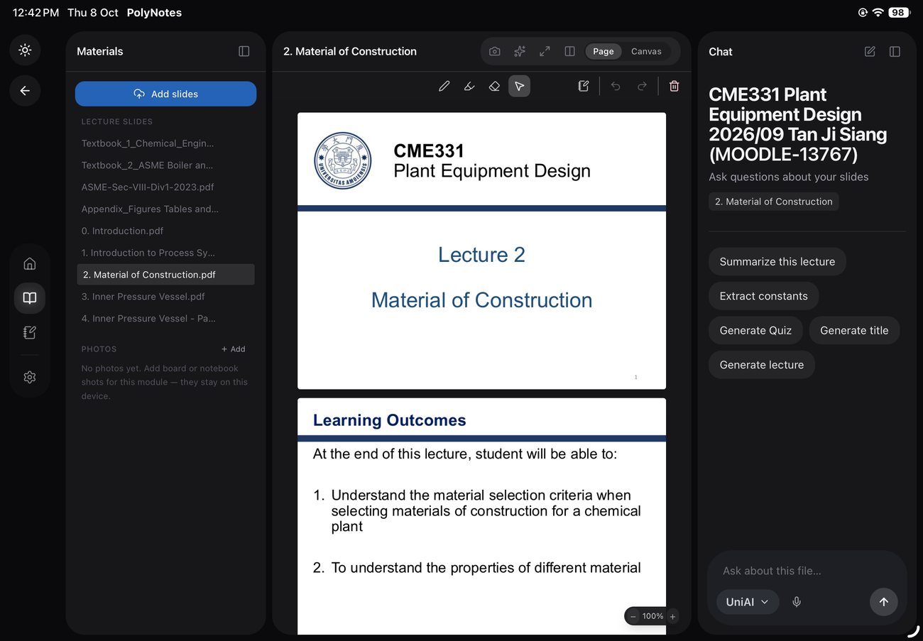 The AI tutor summarising a lecture in PolyNotes on iPad
