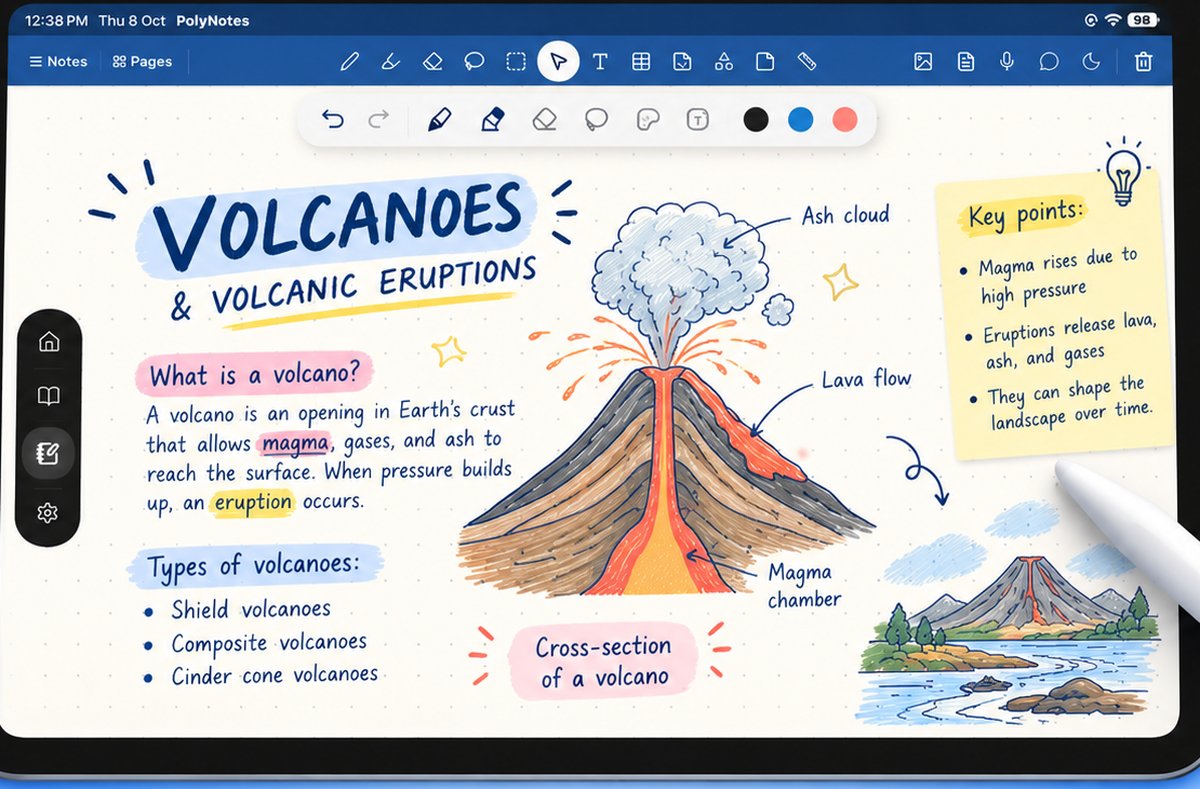Handwritten study notes with a volcano diagram in PolyNotes on iPad