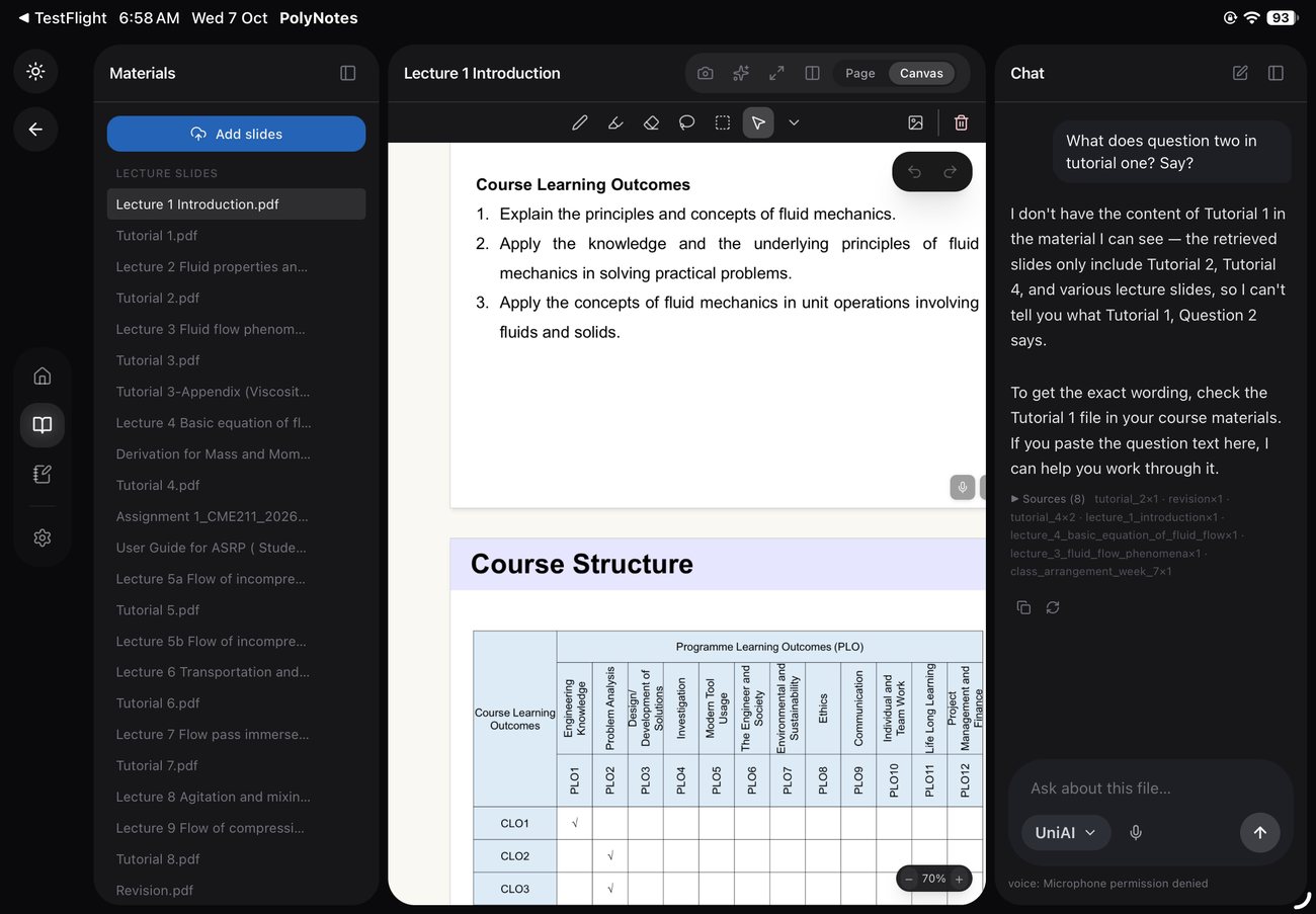 Course materials, notes and the AI tutor side by side in PolyNotes on iPad